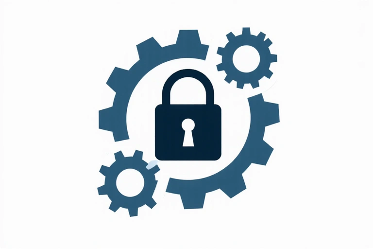 A lock icon and intertwined gears, symbolizing data security and controlled sharing